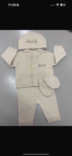 Cute Baby Knitwear Set Personalised With Embroidered Name On Cardigan and Hat Baby Knitwear, Embroidered Name, Knitted Baby, Baby Set, Clothing Sets, Gender Neutral Baby, Baby Clothing, Baby Sets, Baby Knitting