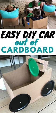 an easy diy car out of cardboard with kids in it and text overlay