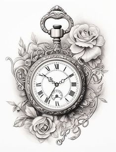 a drawing of a pocket watch with roses around it