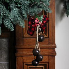 Rustic Christmas jingle bell door hanger. Plaid, flannel bow in red and black. Holly berries, ribbons and leaves Christmas With Family, A Country Christmas, Christmas Jingle Bells, Bells Christmas, Christmas Jingles, Country Holiday, Holiday Door, Christmas Door Hanger, Rustic Holiday