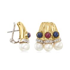 Ross-Simons - C. 1980 Vintage 7.5mm Cultured Pearl, 2.70ct t. w. Multi-Gemstone Earrings, .20ct t. w. Diamonds. C. 1980. A popular style of its time, these sophisticated Estate collection earrings are a prime pick. Crafted in 18kt yellow gold, a trio of 7.5mm cultured pearls anchor each earring, as .20 ct. t. w. round brilliant-cut diamond sparkle in 18kt white gold just below 1.80 ct. t. w. sapphire and .90 ct. t. w. ruby round cabochons. Hanging length is 5/8". Clip/post, diamond, gemstone and Classic Gemstone Clip-on Earrings For Anniversary, Elegant Multi-stone Diamond Earrings For Anniversary, Classic Yellow Gold Multi-stone Earrings, Anniversary Yellow Gold Pearl Gemstone Earrings, Round Gemstone Clip-on Earrings For Anniversary, Earrings Diamonds, White Pearl Earring, Round Brilliant Cut Diamond, Cultured Pearls