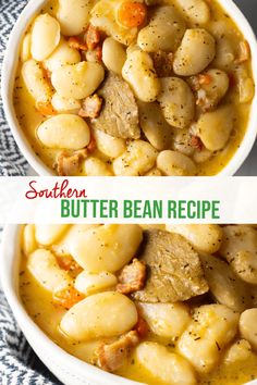 two bowls filled with chicken and bean soup