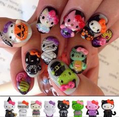 Gel Nails Hello Kitty, Alt Nails, Hello Kitty 3d, Kawaii Nail Art, Spooky Nails