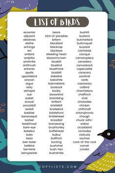 a list of birds with a smiling cartoon bird in the lower corner. Bird Names, Chaffinch, Bee Eater, Bullfinch, Interesting Animals, Animals Of The World