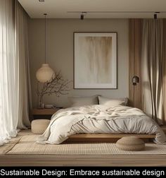 an image of a bedroom setting with neutral colors and white decor on the bedding