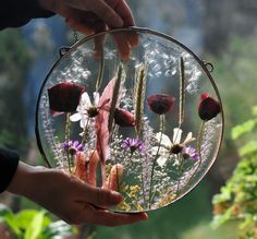 a person holding a glass plate with flowers in it and some plants growing out of it