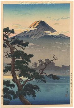 a painting of a mountain with trees in the foreground and water on the far side