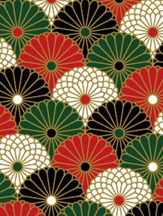 an abstract pattern with red, green and white fan shapes