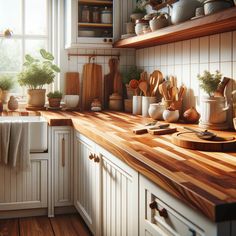 a kitchen with wooden counter tops and white cabinets