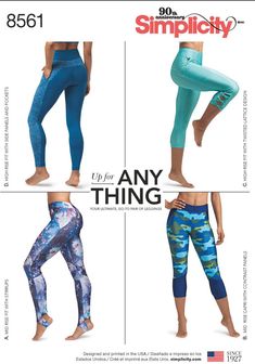 three women's leggings are shown in different colors and sizes, with the same