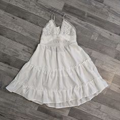 New, Never Worn. Cute Summer Dress. No Lining In The Front, Has Adjustable Shoulder Straps. Has Ties To Tighten In The Back. Will Fit Xs Or Small. Casual Lace Trim Mini Dress For Brunch, Casual Mini Dress With Lace Trim For Brunch, Ruffle Summer Dress, Cute Summer Dresses, Colorful Dresses, Summer Dresses, Mini Dress, Womens Dresses, White