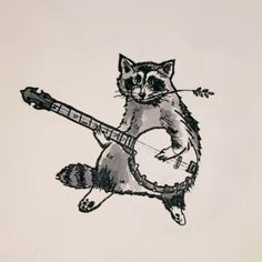 a drawing of a cat holding a guitar and playing the ukulele with an arrow in its mouth