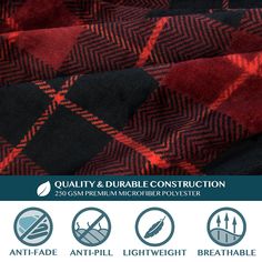 red and black checkered fabric with text that says quality & reliable construction, suitable for use in quilting