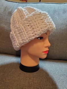 This is a crocheted winter hat, made with Bernat yarn, weight 5. This hat was made to fit a head circumference of anywhere from 21-25 inches. Soft bulky yarn, comfy for winter and fall! Message me for any additional details. Check out my shop page for more hats with different patterns/colors! **Mannequin's head is 21.5 inches around (featured in pictures).  *Made in a smoke-free environment. White Winter Hat, Bernat Yarn, Mannequin Heads, Bulky Yarn, Dec 7, Head Circumference, Winter Hat, Winter White, Different Patterns