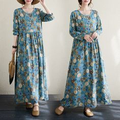 Women's Vintage Floral Dress A Line Crew Neck Cotton Linen Holiday Vacation Ethnic Dress Folk Style Long Sleeve Floral Print Dress, Folk Style Long-sleeved Floral Print Dress, Spring Folk Style Long Sleeve Maxi Dress, Folk Style Long Sleeve Maxi Dress For Spring, One Size Bohemian Dresses For Fall, Free Size Bohemian Dresses For Fall, Bohemian Free Size Dresses For Fall, Cheap Clothing, Vintage Floral Dress