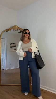 Midsize Middle Age Fashion, Flowy Pants Outfit Midsize, Plus Size Modern Outfits, Light Blue Wide Leg Pants Outfit, Teaching Outfits Plus Size, Oversized Work Outfit, Office Outfits Midsize, Mid Size Outfits Fall, Business Casual Plus Size Outfits