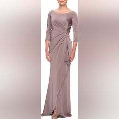 Beautiful Long Gown With Quarter Sleeve, Front Ruching And Back Hidden Zipper Elegant Gray Ruched Dress, Gray Gown For Mother Of The Bride, Silver Ruched Dress For Formal Occasions, Silver Ruched Formal Dresses, Fitted Gray Evening Dress For Mother Of The Bride, Fitted Gray Dress For Mother Of The Bride, Trumpet Gown, Dresses Plus Size, Bateau Neck