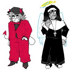 two cartoon characters dressed in red and black, one with an angel on his head