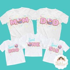 -  Sweet Donut family matching shirts!  Please read entire description before purchasing for important information. ITEM DESCRIPTION: - Beautiful White Sweet Donut family shirts. - They are Gildan brand, and they run true to size. - Unisex regular cut shirts - please choose from dropdown menu. - Color of shirt can be selected from the dropdown menu. We can make any other color combination, please contact us with details. Embellishment is made out of Direct to Film (this method is more durable th Two Sweet Birthday Shirt, Birthday Crew Shirts, Donut Theme Party, Donut Birthday Party, Baby Shower Shirts, Donut Shirt, 30th Birthday Shirts, Donut Birthday Parties, Donut Birthday