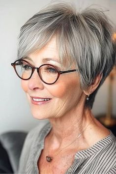 Wispy Pixie Cut Hairstyle for Women Over 70 with Glasses. Pixie Cut With Glasses, Wispy Pixie, Mom Haircut, Pepper Hair, Short Hairstyles Over 50, 2024 Hairstyles, Elegant Bun, Crunch Cake