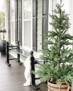 a small christmas tree sitting on the front porch