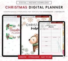 christmas digital planner with a teddy bear and snowflakes on the cover, next to it