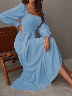 Blue Casual Collar Long Sleeve Fabric Plain A Line Embellished Non-Stretch Spring/Fall Women Clothing Light Blue Long Dress, Vestidos Color Pastel, Pastel Blue Dress, After Wedding Dress, Casual Gowns, Sky Blue Dress, Blue Wrap Dress, Cottage Core Dress, Pastel Dress