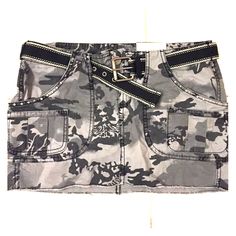 Brand New Short Camouflage Skirt. Has Studs On Pockets. Comes With Black Belt. Casual Camouflage Mini Skirt With Pockets, Fitted Camouflage Casual Skirt, Casual Fitted Camouflage Skirt, Casual Camouflage Skirt For Fall, Casual Camouflage Cargo Skirt With Pockets, Black Belt, Camouflage, Black Gray, Black And Grey