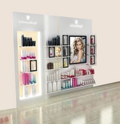 an image of a store with products on the shelves and in front of it is a woman's face