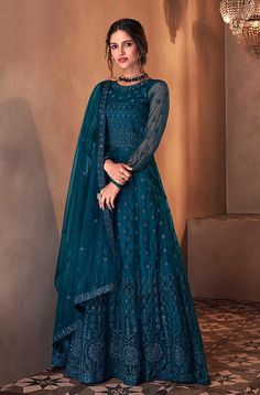 Embroidery Stones, Satin Dupatta, Wedding Anarkali, Teal Blue Weddings, Indian Anarkali, Resham Embroidery, Butterfly Net, Designer Anarkali Suits, Color Peacock