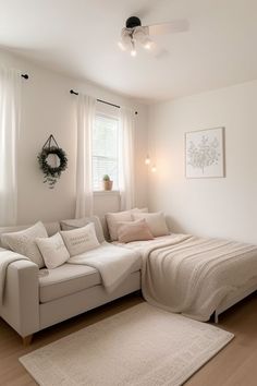 a living room with a couch, rug and window