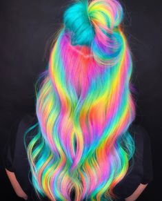 Bright Rainbow Hair, Spring Vivid Hair Color, Rainbow Peekaboo Hair, Funky Hair Color Ideas, Prism Hair, Neon Hair Color