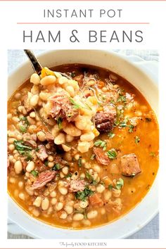 instant pot ham and beans soup in a white bowl