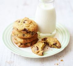 chocolate chip cookies and milk on a plate