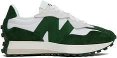 Low-top paneled canvas and suede sneakers in green and white. · Lace-up closure · Logo patch at tongue · Padded collar · Logo printed at sides · Rubber trim at heel counter · Mesh lining · Foam rubber midsole · Treaded rubber outsole Supplier color: Nightwatch green/White New Balance For Women, Retro Inspired Fashion, New Balance 327, Vanity Bag, Green Sneakers, New Balance Sneakers, Balance Shoes, New Balance Shoes, Suede Sneakers