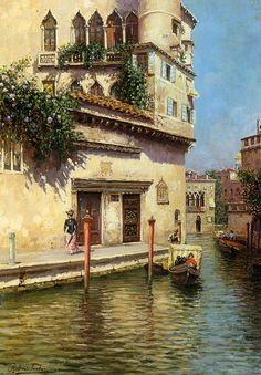 a painting of a boat in the water next to a building with flowers on it