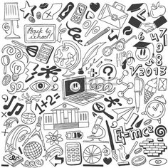 doodle style illustration of various school related items and symbols in black and white colors