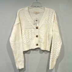 Ivory Knit Sweater No Comment Ny.La Size Small Ivory Color 3 Brown Buttons Brand New! With Tags! White Cable Knit Cardigan For Fall, Casual Cream Cable Knit Cardigan, Casual Winter White Textured Knit Cardigan, Casual Off White Winter Cardigan, Casual White Cable Knit Cardigan, Casual Cream Textured Knit Cardigan, Buffalo Plaid Cardigan, Cream Colored Cardigan, Retro Cardigans