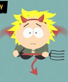 a cartoon character with horns on his head is holding a fork in front of him