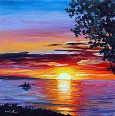 an acrylic painting of a sunset over the ocean with two people in a boat