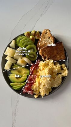 a black plate topped with different types of food on top of a white countertop