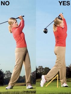 a woman hitting a golf ball with a tee on one side and the other side