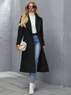 Notched Collar Single Button Overcoat | EMERY ROSE Long Black Coat Outfit, Aesthetic Finder, Nyc 2023, Black Overcoat, Diva Style, Boho Picnic, Y2k Butterfly, Wool Winter Coat, Business Formal Dress