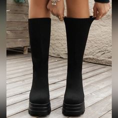 Super Cute And Stylish Ships In 5-10 Business Days Black Mid-calf Platform Boots For Winter, Casual Mid-calf Platform Boots For Fall, Casual Knee-high Platform Boots For Fall, Trendy Black Mid-calf Platform Boots, Casual Black Mid-calf Platform Boots, Winter Platform Mid-calf Boots, Casual Knee-high Chunky Platform Boots, Winter Mid-calf Platform Boots Medium Width, Mid-calf Platform Boots For Winter