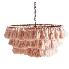 a pink chandelier hanging from a chain with fringes on the bottom and sides