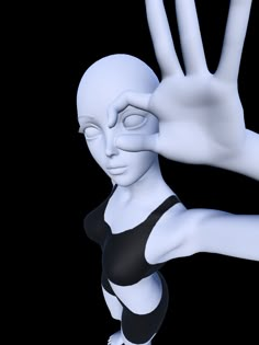 an alien woman is holding her hand up to the side with both hands, while wearing a black and white swimsuit