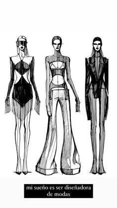 three women's fashions are shown in black and white, with the words mi sueno es ser disenadora de modias