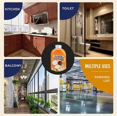 an advertisement for a kitchen and living room cleaning company with pictures of the different areas in it