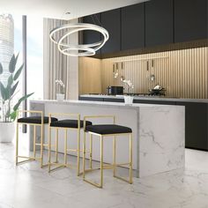 a modern kitchen with marble countertops and gold barstools in front of an island