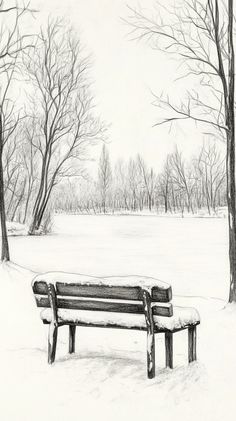 a pencil drawing of a park bench in the snow with trees and grass behind it